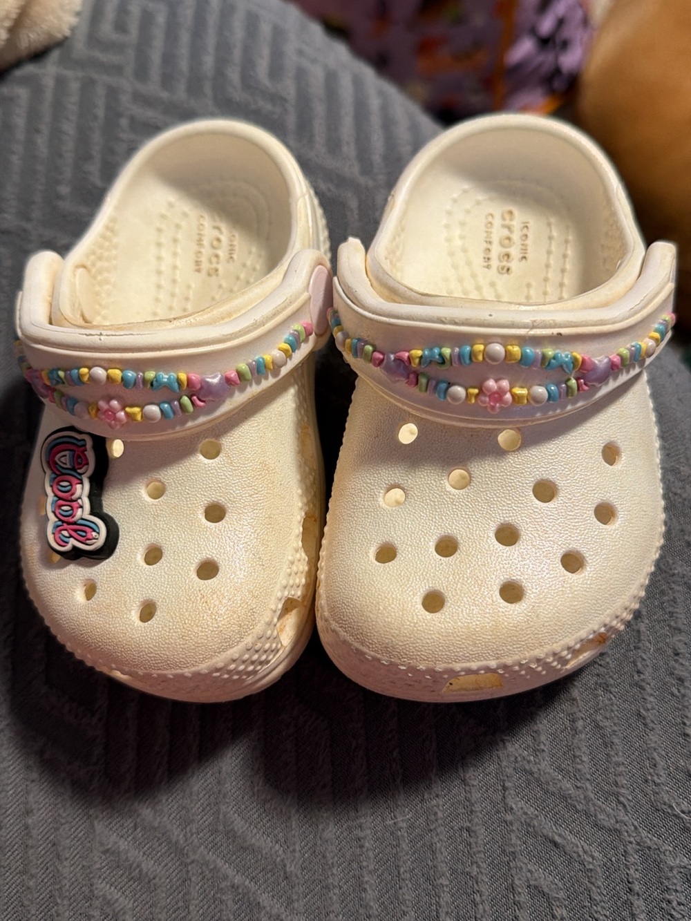 CROCS Kids Cream Clogs with Pastel Bead Strap